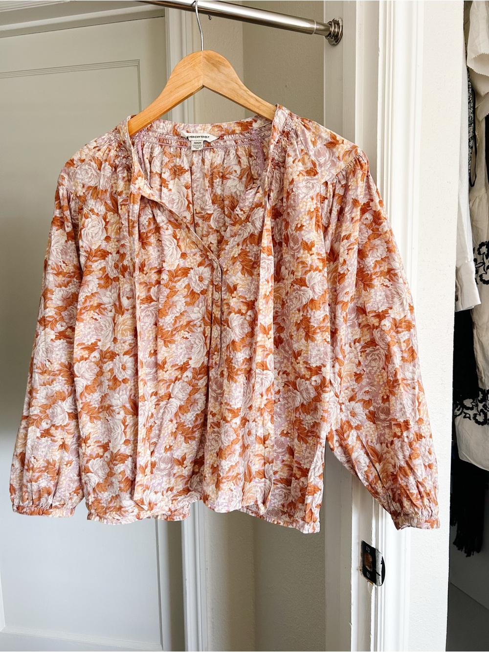 100% Cotton Lightweight Floral Tie-Neck Blouse - Rust/White